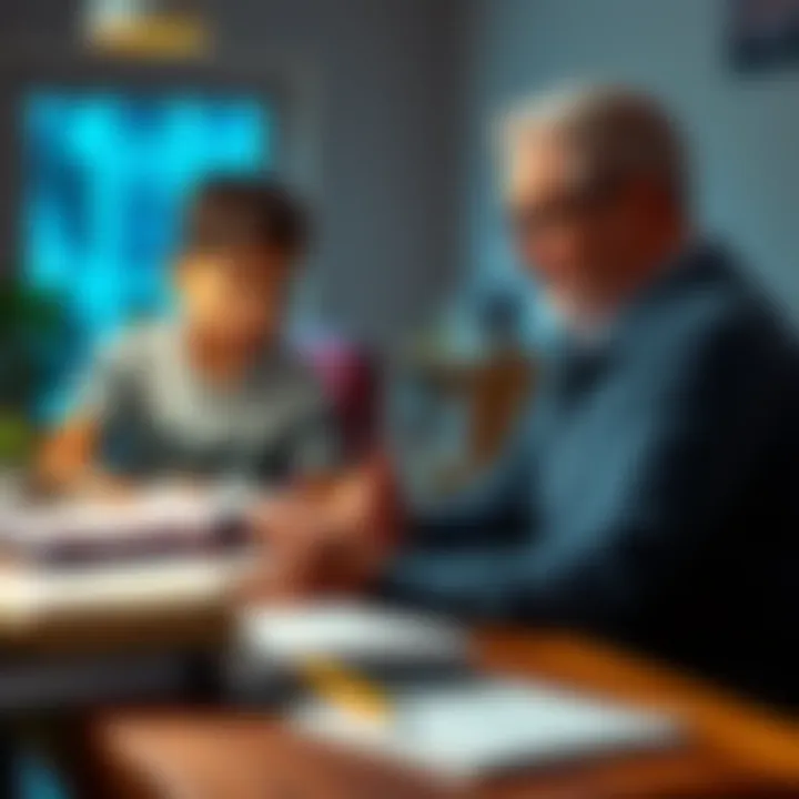 A father sits with his son at a table, looking at books and notes, discussing education strategies