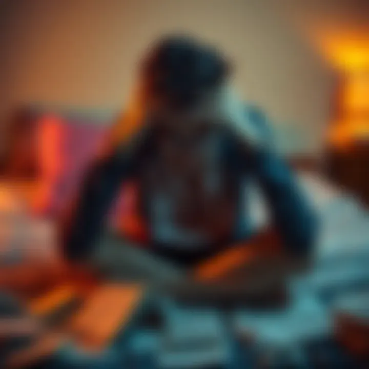 A person sitting on a bed with their head in their hands, surrounded by notes and bills, expressing stress and frustration.