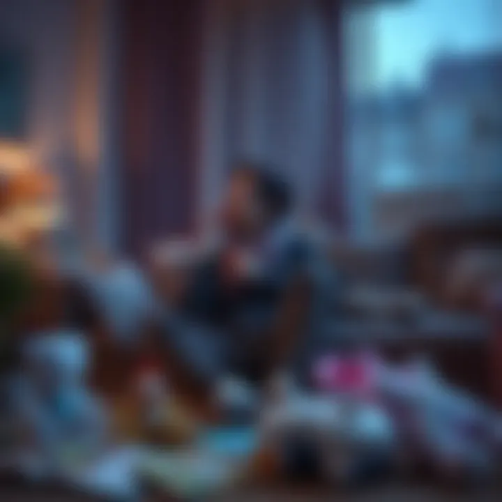 A thoughtful person sitting in a cozy living room, considering the idea of starting a family, with baby toys and books around