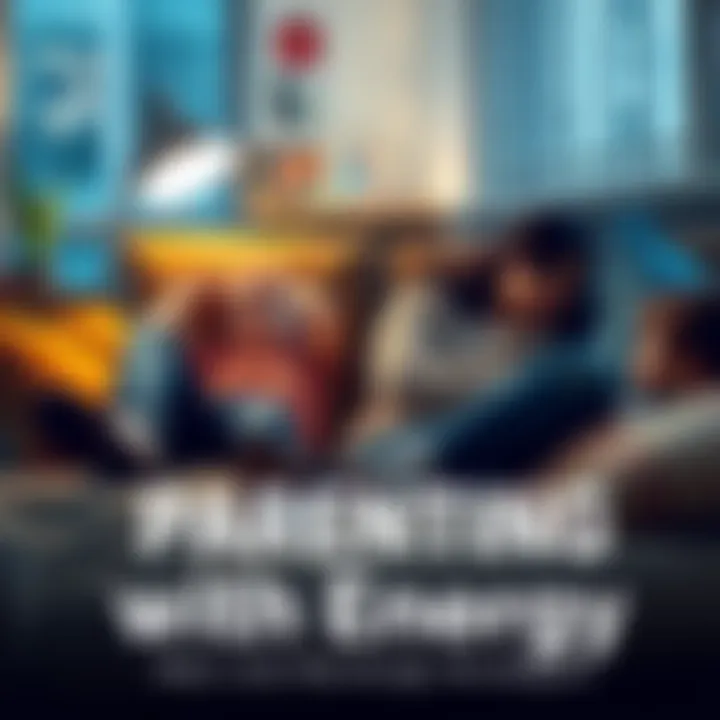 A tired parent sitting on a couch, taking a break while a child plays energetically nearby, symbolizing the challenge of balancing rest and parenting.