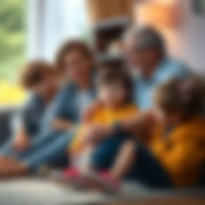 A family sitting together, with parents talking to their children about important life lessons, showing engagement and connection.