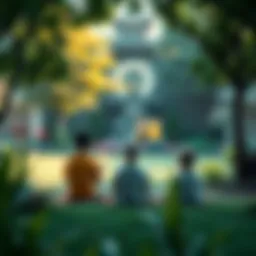 A parent meditating in a serene garden while children play nearby, symbolizing the balance between family life and spiritual practice.