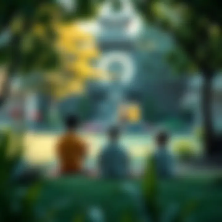 A parent meditating in a serene garden while children play nearby, symbolizing the balance between family life and spiritual practice.
