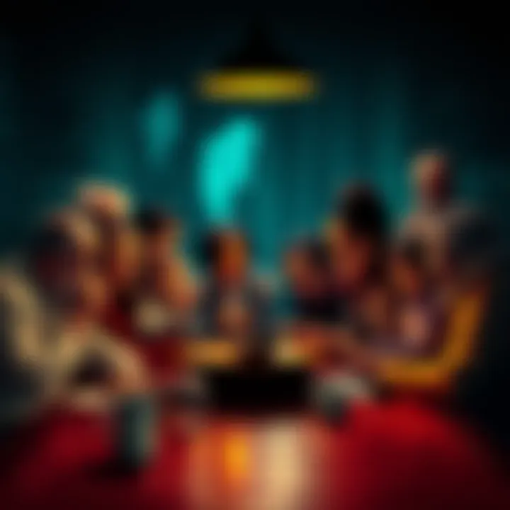 A family gathered around a table, sharing a ghost story, with expressions of suspense and excitement on their faces