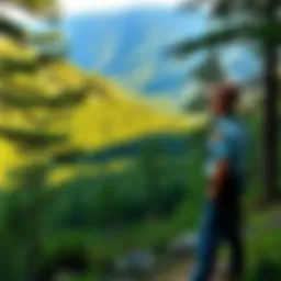 A Park Ranger standing in the Appalachian mountains, listening for strange sounds, surrounded by tall trees and greenery.