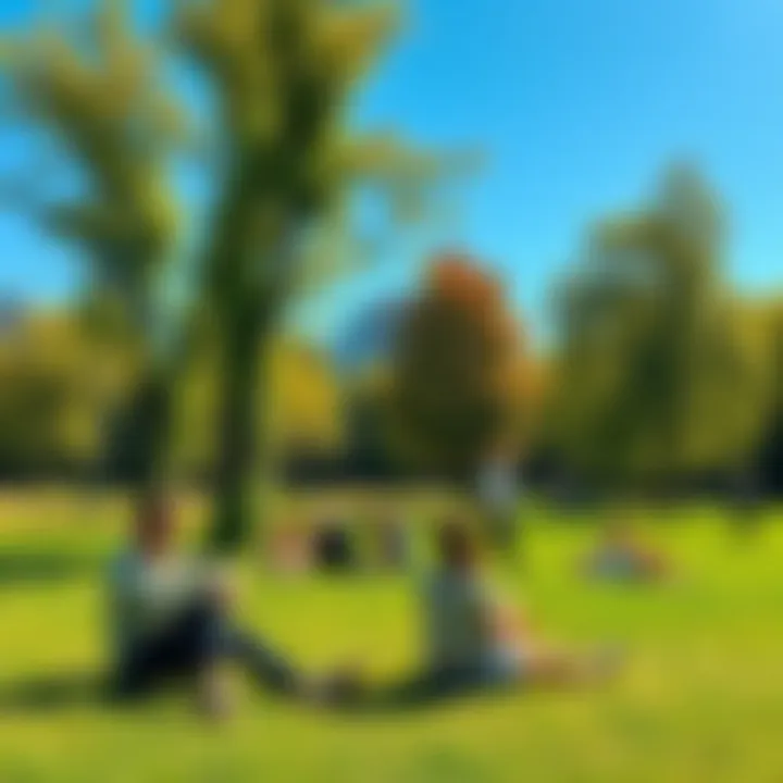 A group of people relaxing and playing in a local park with green trees and a blue sky