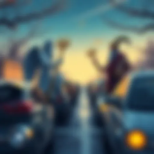 A humorous illustration of Hermes and Dionysus debating over parking spaces, with cars parked in a chaotic manner around them.