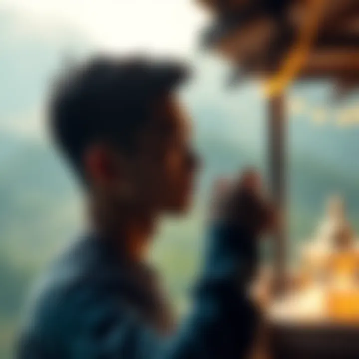 A person looks at their smartwatch in a serene environment, preparing for a Vipassana retreat while pondering time management without alarms.