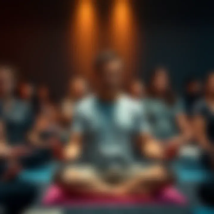 Participant feeling uncomfortable during TM course A person sitting in a yoga pose at a meditation session, with a concerned expression, surrounded by others who look attentive but unsure.