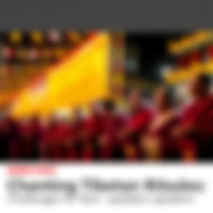 Participants Chanting in a Tibetan Ritual Group of people, some wearing traditional Tibetan clothing, participating in a public puja, chanting with prayer flags in the background.