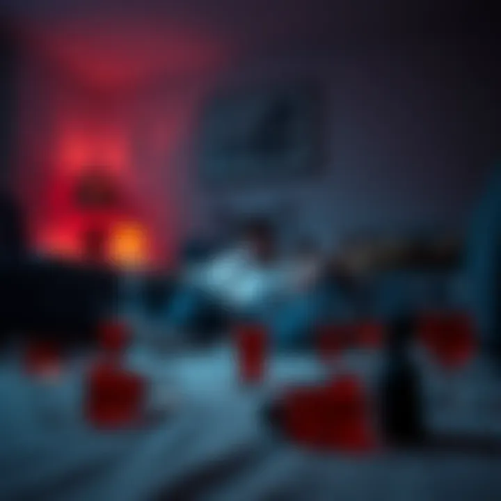 Party Night Gone Wrong A scene showing a disoriented person waking up in an unfamiliar room after a party, with empty drink glasses scattered around.