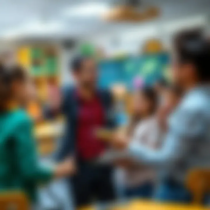 A teacher enthusiastically interacting with students in a vibrant classroom filled with learning materials.