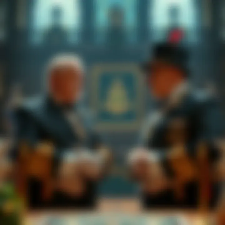 Two Past Grand Masters in formal attire discussing their titles in a lodge setting.