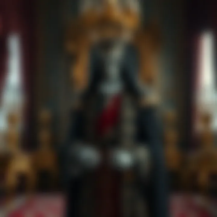 A gloomy aristocratic figure in opulent attire, standing in a lavishly decorated room, reflecting on power and control over servants.