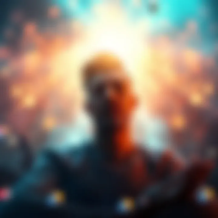 A person meditating with a calm expression, surrounded by soft lights and abstract visuals representing past lives, evoking a sense of peace and self-discovery.