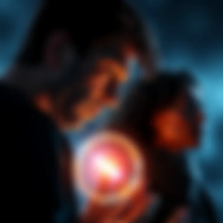 A person looking contemplatively at a glowing orb, symbolizing past life connections, while another person watches intently in the background.