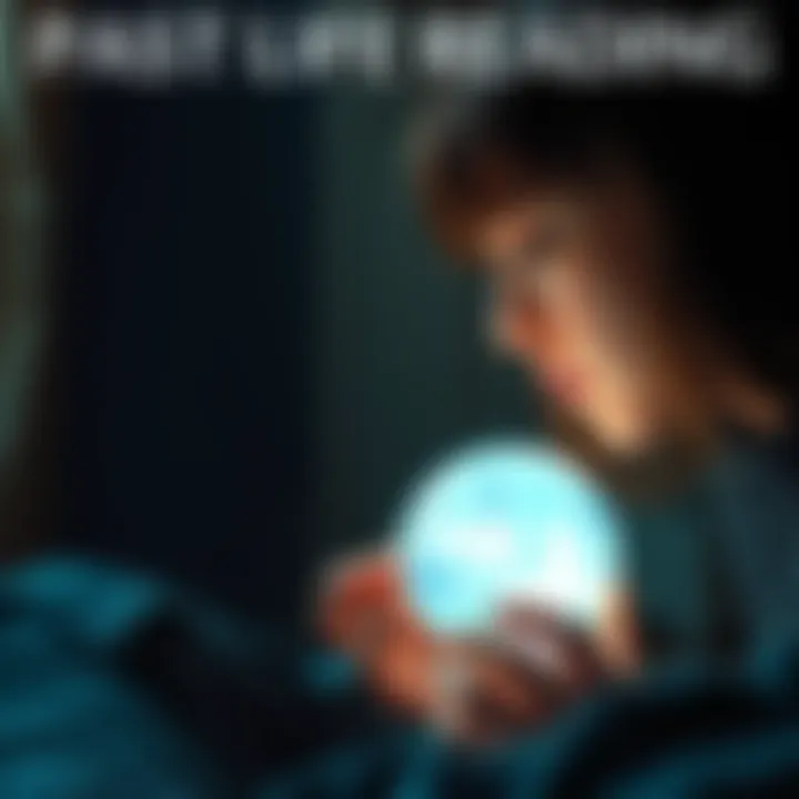 Past Life Reading A person sitting in a serene environment, reflecting deeply while looking at a glowing crystal ball that symbolizes past life connections, with soft light illuminating their face.