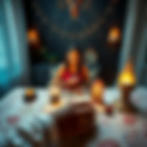 A person in a serene environment receiving a past life reading, with tarot cards and crystals on the table.