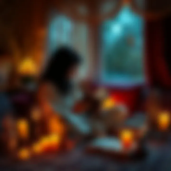 A person sitting in a cozy room with candles and crystals, looking at a book about past lives. There are mystical symbols around them.