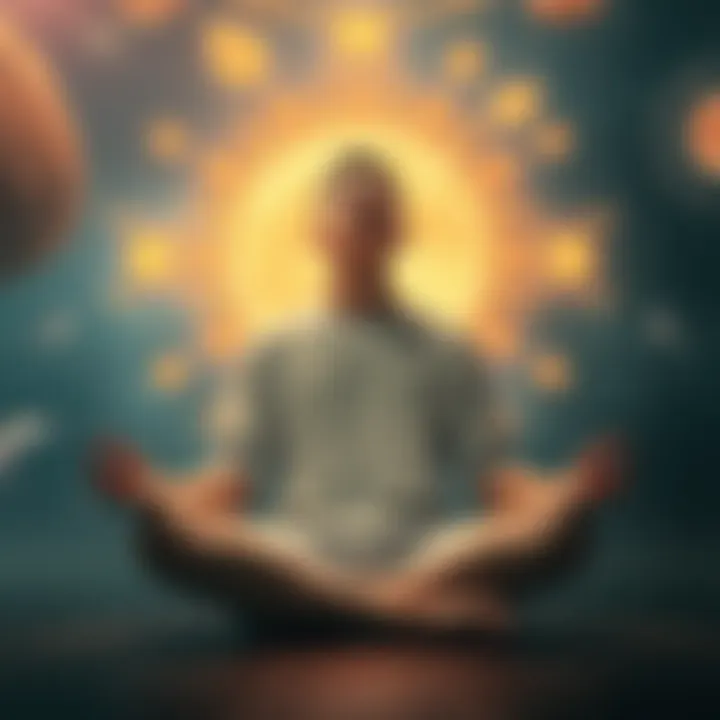 A person sitting cross-legged with closed eyes, surrounded by a soft glow, symbolizing meditation and connection to past lives, with cosmic elements in the background.