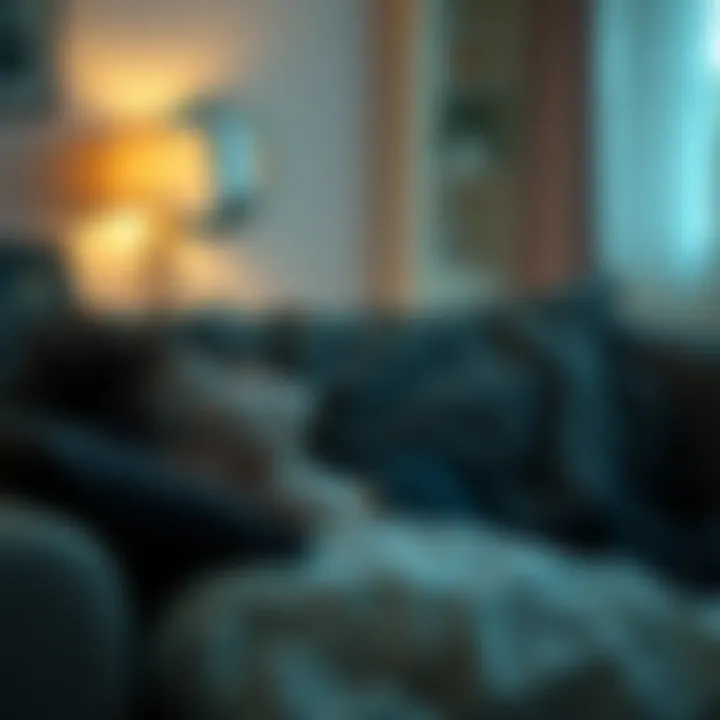 A person lying on a couch during a past life regression session, looking contemplative with eyes closed and physical tension in their body, surrounded by a calm room ambiance.