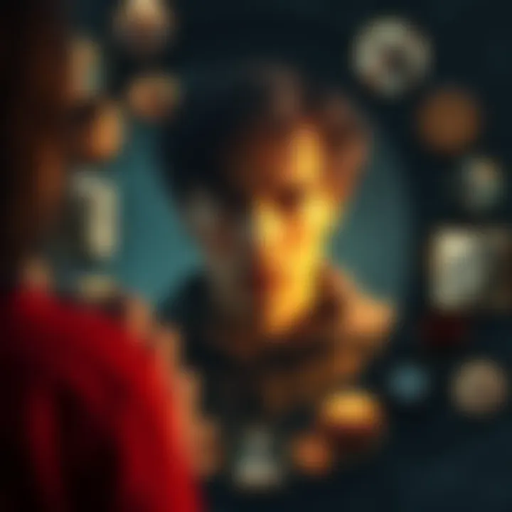 Past Lives Influence on Identity A person reflecting in a mirror, surrounded by images representing different personality traits and past life symbols.