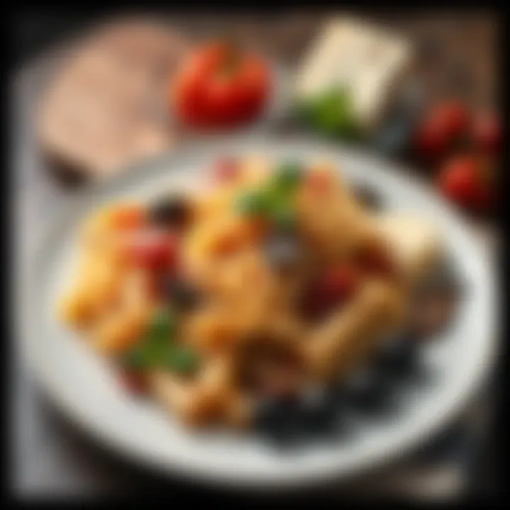 A delicious plate filled with pasta alongside an assortment of antipasta items like olives, cheese, and peppers