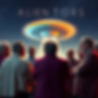 A group of pastors engaged in a serious discussion, with a backdrop of a starry night sky and UFO imagery, exploring the idea of aliens and religion.