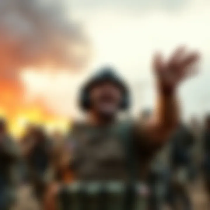 Pat Tillman in army gear, raising his arms and shouting for a ceasefire among fellow soldiers in Afghanistan.