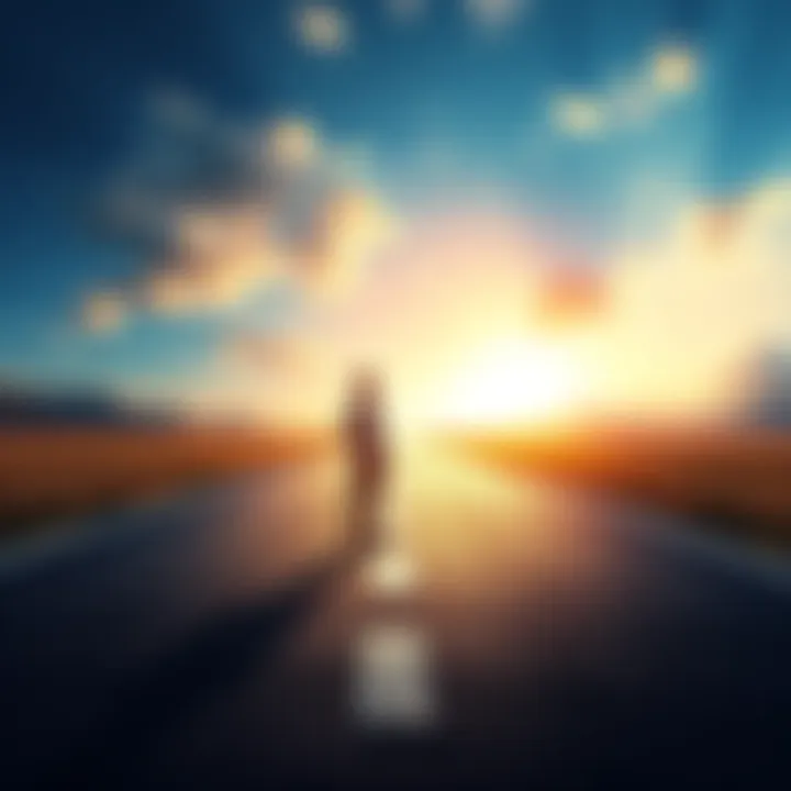 A person standing at a crossroads, looking towards a bright future with confidence, symbolizing self-belief and growth from 2023 to 2025.