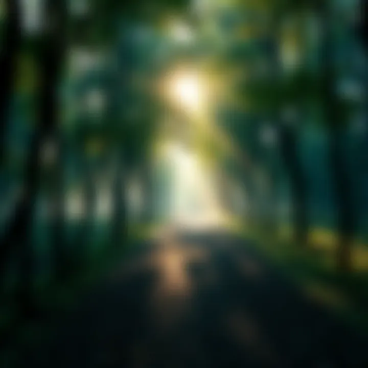 A peaceful forest path symbolizing a spiritual journey, with soft sunlight filtering through the trees, inviting reflection and growth.