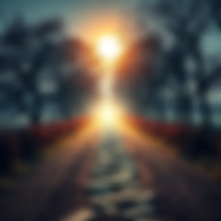A serene path leading towards a bright light symbolizing the journey to God after death