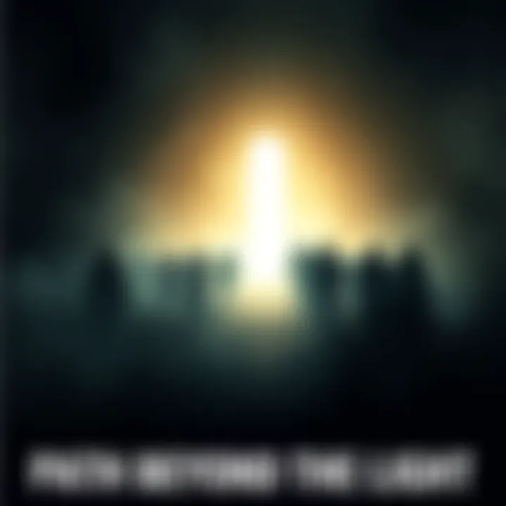 A dimly lit path surrounded by shadowy figures, representing alternative choices after death.