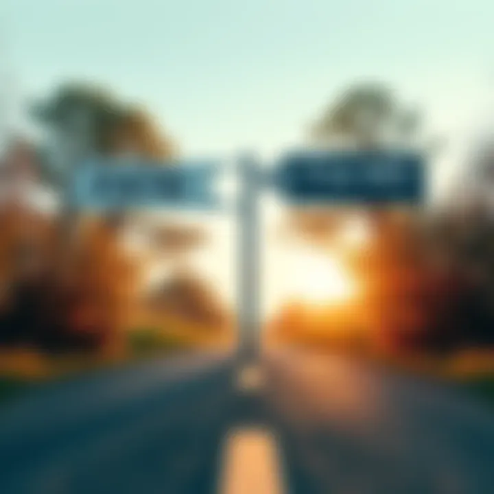 A fork in the road with two signs, one pointing to 'Fate' and the other to 'Free Will', surrounded by trees and a clear sky