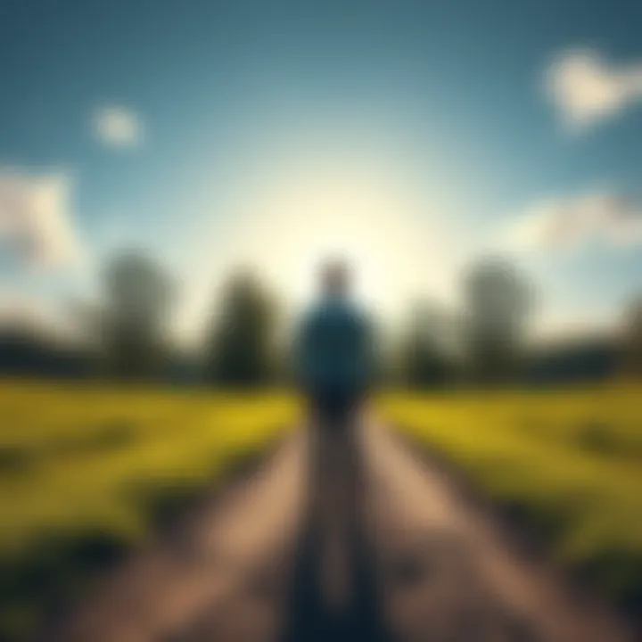 A person standing at a crossroads, looking towards different paths with trees and sunlight in the background.