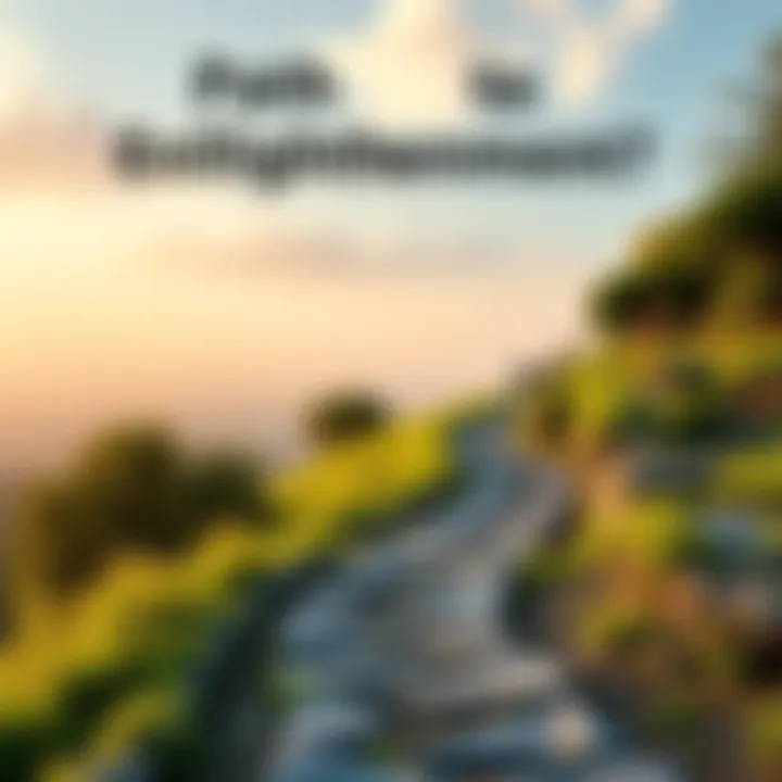 A serene landscape featuring a winding path surrounded by lush greenery, symbolizing the journey toward enlightenment through the Eightfold Path.