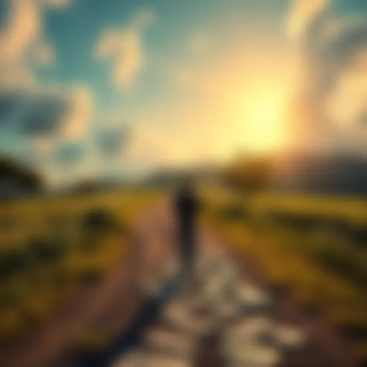Path to Enlightenment A person standing at a crossroads, contemplating different paths leading to enlightenment, surrounded by vibrant nature.