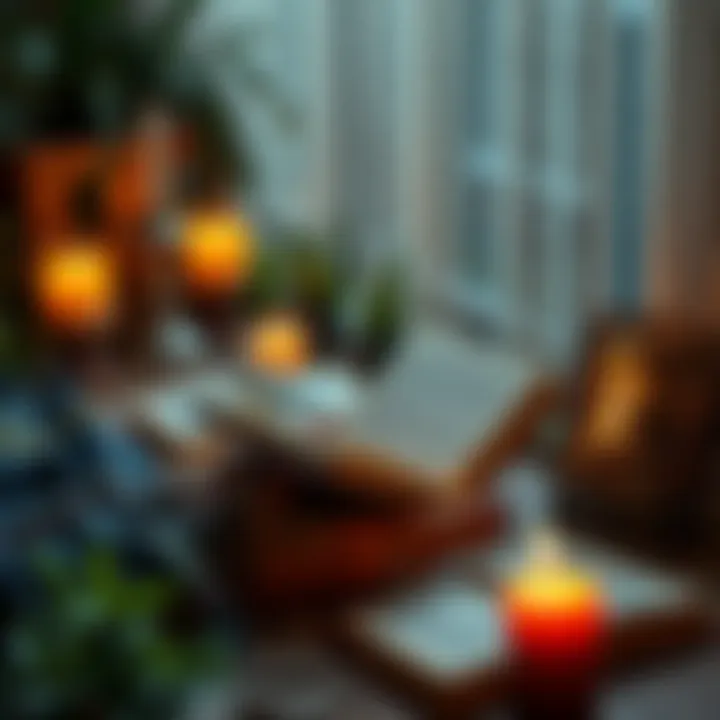 Path to Gnosticism An agnostic person reading a book about Gnosticism in a serene setting with plants and candles around them.