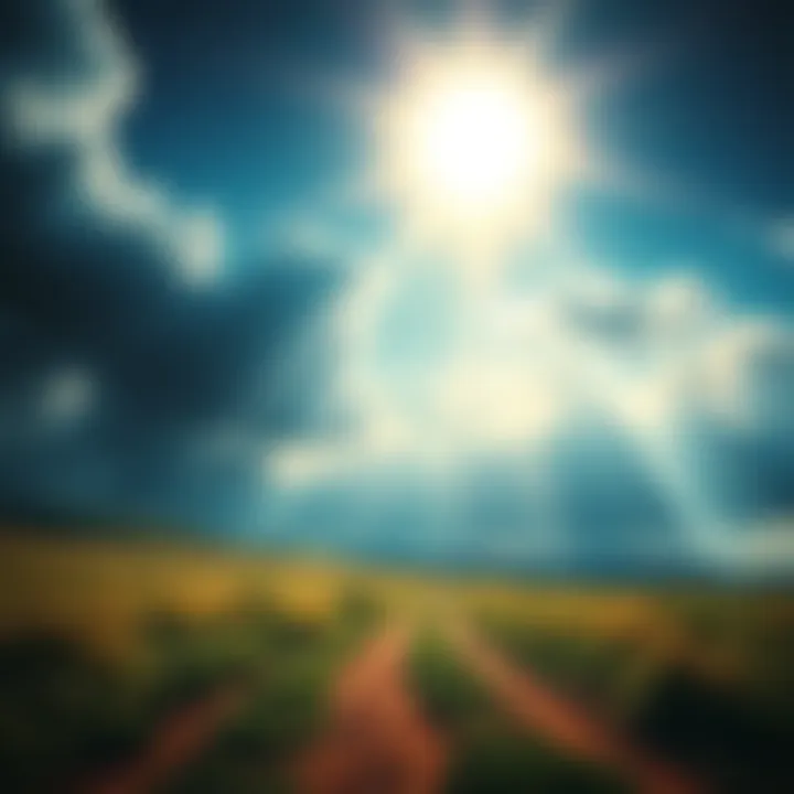 A serene landscape with a bright sky, symbolizing hope and freedom, contrasting with dark shadows representing despair.