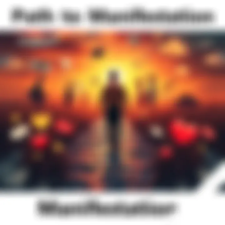 A person walking on a path surrounded by symbols of financial success, education, and relationships, representing the journey of manifestation.
