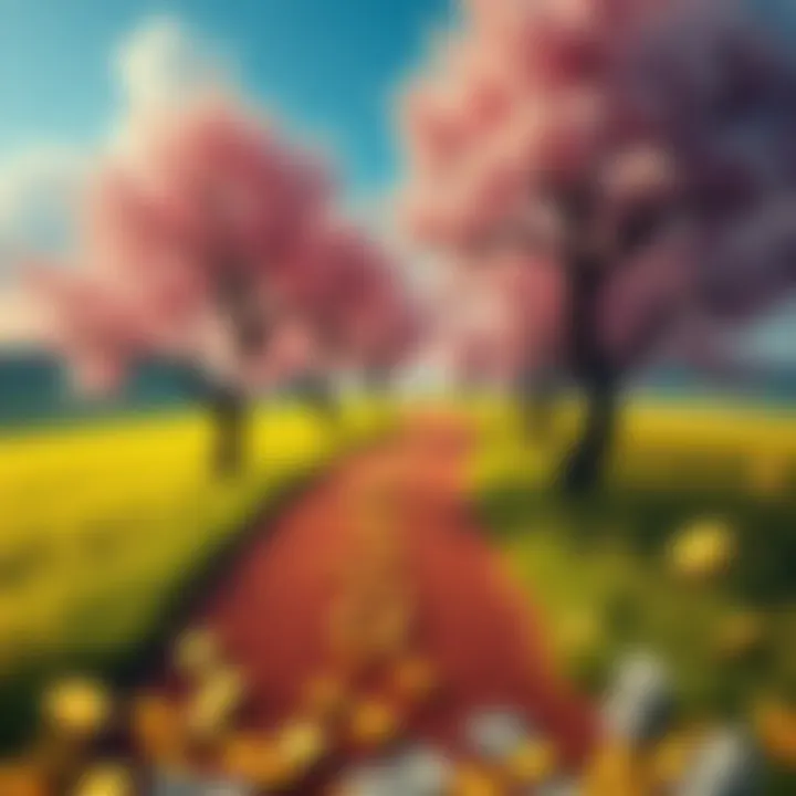 A vibrant depiction of financial abundance and success, showcasing a serene landscape with blossoming trees symbolizing growth and wealth, interspersed with golden coins and notes creating a sense of prosperity.