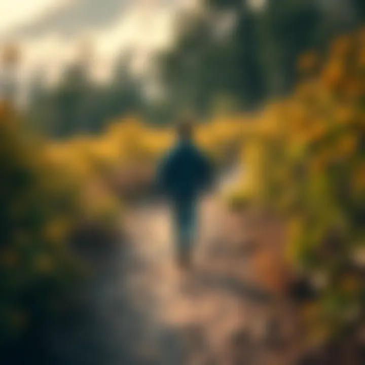 A person walking on a serene path surrounded by nature, symbolizing a journey towards meaning and joy.