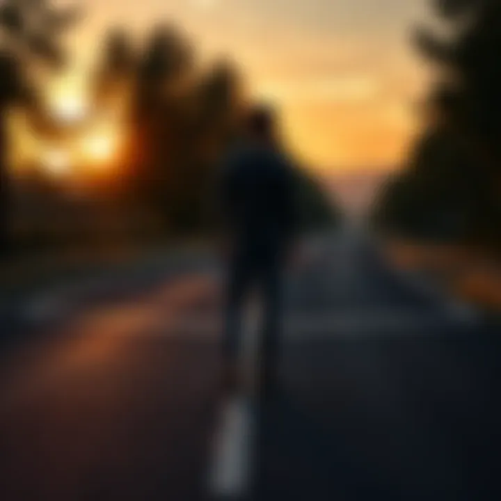 A person standing at a fork in the road, contemplating their journey of self-discovery with trees and a sunset in the background.