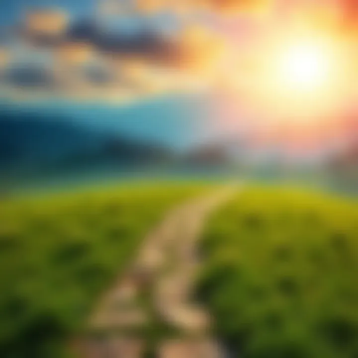 A serene landscape with a winding path leading towards a bright horizon, symbolizing the journey of self-discovery and awakening.