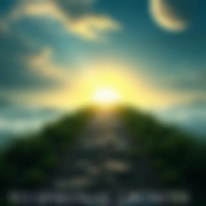 A serene path leading towards a bright horizon, symbolizing the journey to spiritual enlightenment after death.