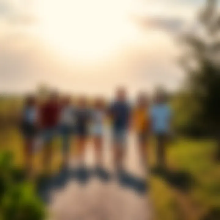 A group of diverse people walking along a sunny path, discussing and sharing ideas to support each other in achieving their goals.