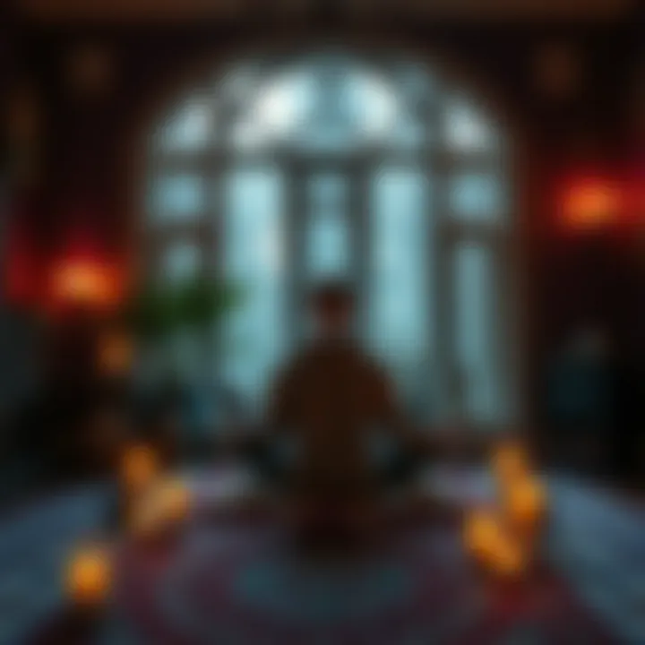 A person practicing pathworking in a calm home setting, surrounded by candles and mystical symbols, focusing on meditative techniques.