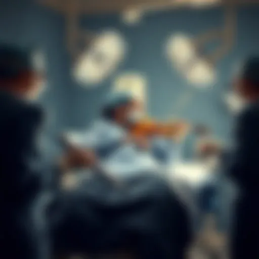 A patient plays the violin while lying on an operating table, surrounded by medical staff in a surgical setting.