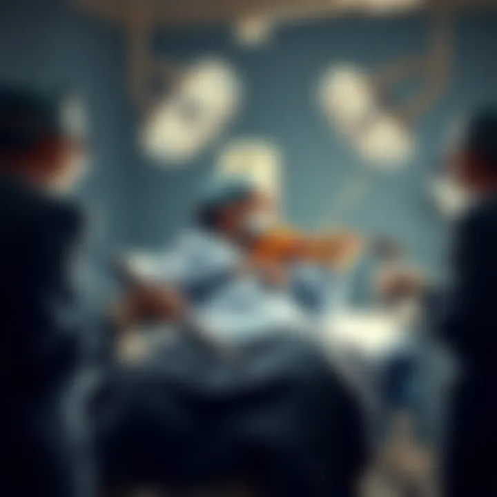 A patient plays the violin while lying on an operating table, surrounded by medical staff in a surgical setting.