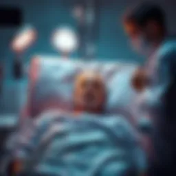 A patient lying in a hospital bed with medical equipment around, showing concern on their face while a doctor looks on thoughtfully.